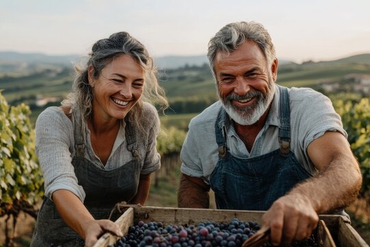 An older couple smiles at the camera while harvesting grapes in a vineyard, dressed in casual overalls with scenic hills in the background under warm sunlight.