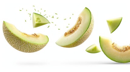 Green cantaloupe melon with cut slice flying in the air isolated on white background.