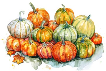 Harvest Bounty: Hand-drawn Watercolor Pumpkins Stack in Various Sizes and Colors