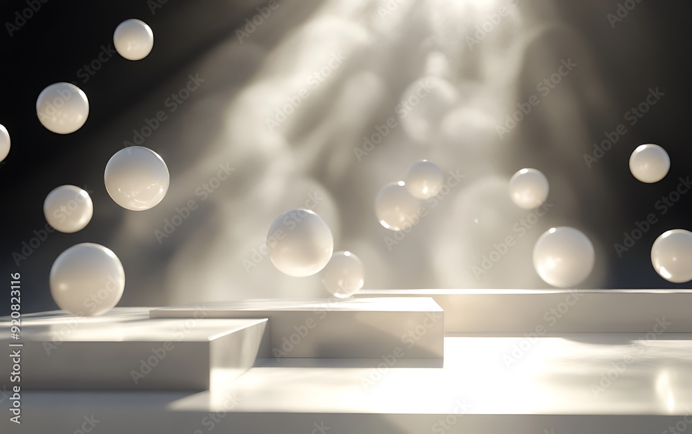 Poster 3d illustration of floating light orbs above a polished white surface in a dark background