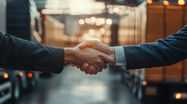 Business partners finalize a deal with a handshake at a logistics warehouse during late afternoon
