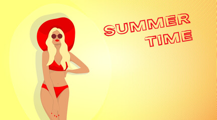 Summer time. Concept of summer vacation and travel. Perfect background on the theme of season vacation, weekend, beach. Vector illustration in minimalistic style for posters, cover art, flyer.