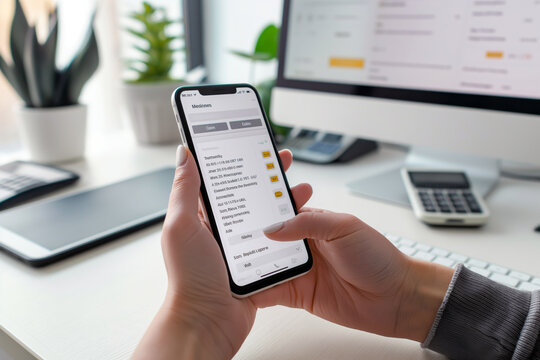 Modern online banking interface on a smartphone screen, with a user checking their account balance and recent transactions, set against a clean workspace.