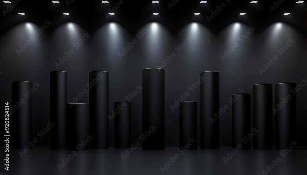 Aufkleber 3d illustration of matte black cylinders in a grid pattern with overhead spotlights