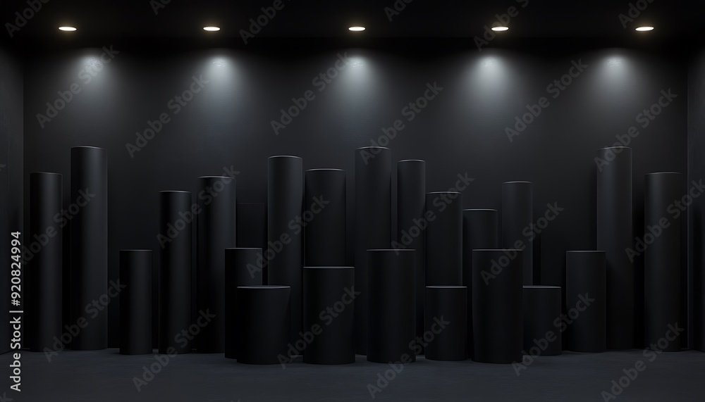 Aufkleber 3d illustration of matte black cylinders in a grid pattern with overhead spotlights