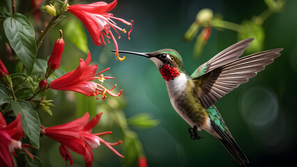Fototapeta premium A hummingbird enjoying&nbsp;honeysuckle tubular blooms with greenery behind