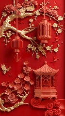 Traditional light red lantern relief mural poster background