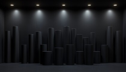 3D Illustration of Matte Black Cylinders in a Grid Pattern with Overhead Spotlights