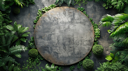 Fototapeta premium Top view of concrete floor surrounded by plants