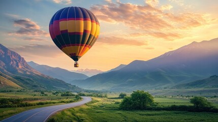 Hot Air Balloon Soaring Over Majestic Mountains at Sunset