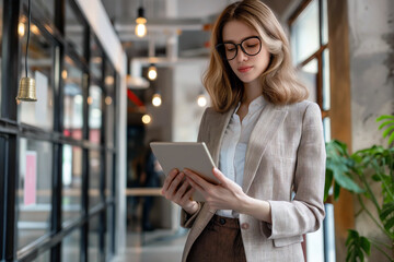 Fototapeta premium Professional woman in a modern smart business casual attire, including a blazer and pencil skirt, holding a tablet in a modern office environment.