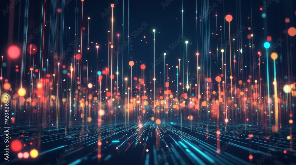 Poster blockchain 3d illustration. information waves and global databases. neural networks and stocks. abst