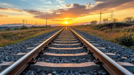 Fototapeta premium Railway track in the evening in sunset. Track railway train for transportation, Rail road