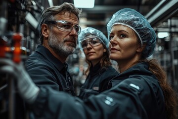 Obraz premium A team of focused factory workers in protective gear operate intricate industrial machinery, representing precision and dedication within a high-tech manufacturing environment.
