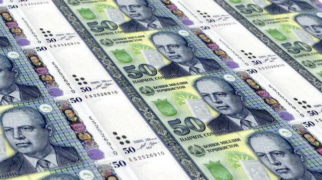 Tajikistan Tajikistani Somoni 50 Banknotes Money Printing House, Printing Fifty Tajikistani Somoni, Printing Press Machine Print out Tajikistani Somoni, Being printed by currency press machine