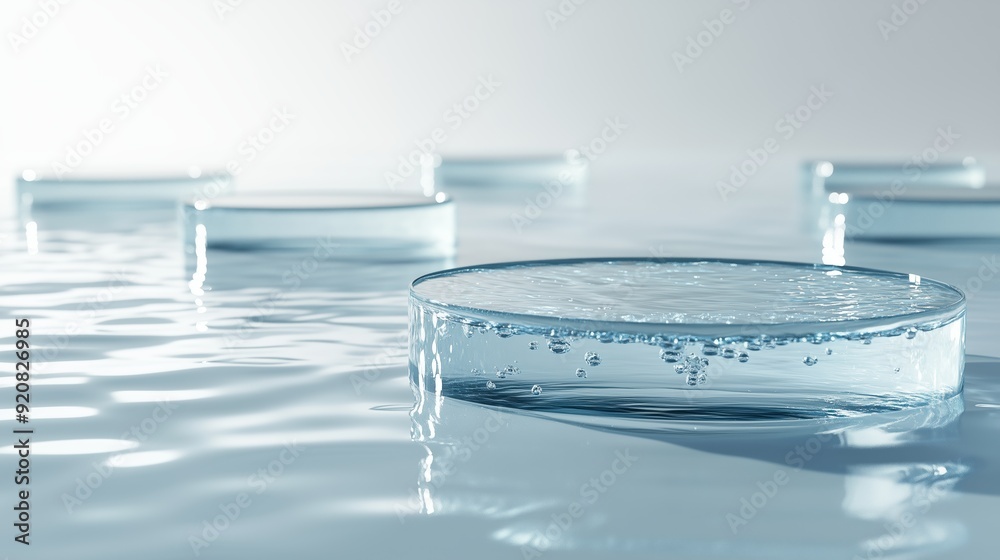 Poster transparent circular objects floating on a calm water surface with bubbles