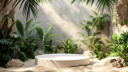 Obraz premium Top view of white podium on sandy floor surrounded by plants