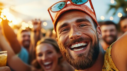 A bearded man in sunglasses enjoying a drink and smiling broadly during a vibrant, lively night celebration outdoors, surrounded by jubilant friends and festive lights.