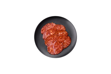 Delicious smoked pepperoni sausage sliced with salt, spices and herbs