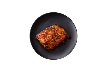 Delicious juicy grilled ribs with honey and mustard sauce with salt, spices and herbs