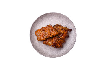 Delicious juicy grilled ribs with honey and mustard sauce with salt, spices and herbs