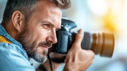 Fototapeta premium A man with a focused expression is photographing an object using a professional camera, demonstrating his deep concentration and dedication to capturing the perfect shot.