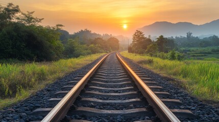 Fototapeta premium Railway track in the evening in sunset. Track railway train for transportation, Rail road