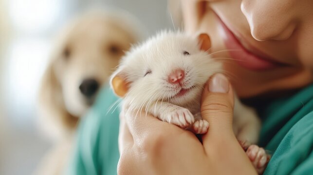 A person is seen cuddling a small white hamster with a content smile, while a dog curiously observes in the background. The image captures the interspecies affection beautifully.