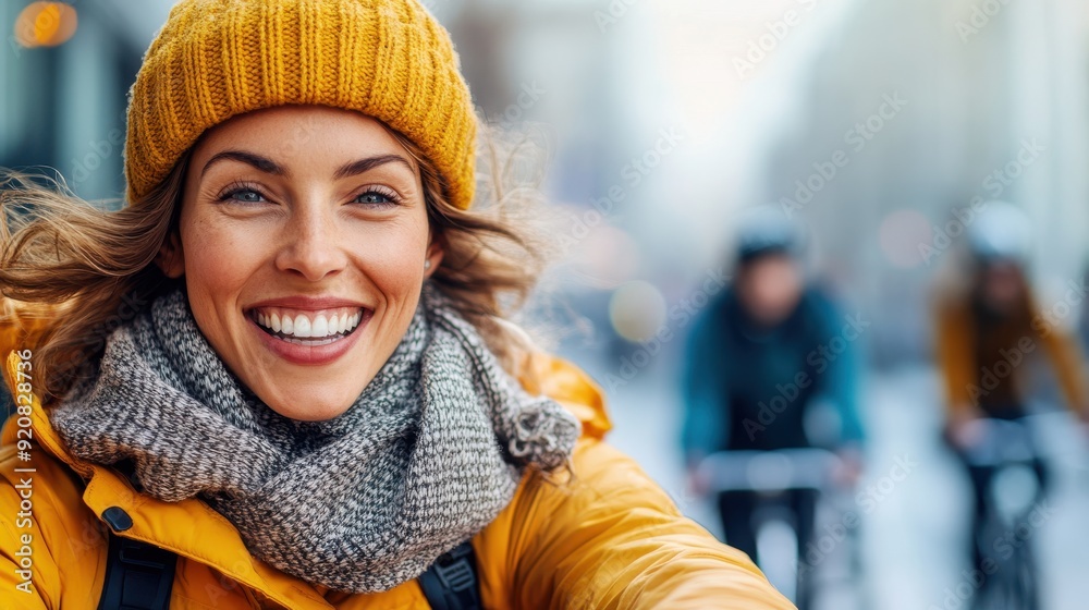 Wall mural a smiling woman dressed in a yellow winter outfit and hat rides her bicycle through a city street on