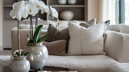 White Orchids On A Sectional Couch In A Modern Living Room