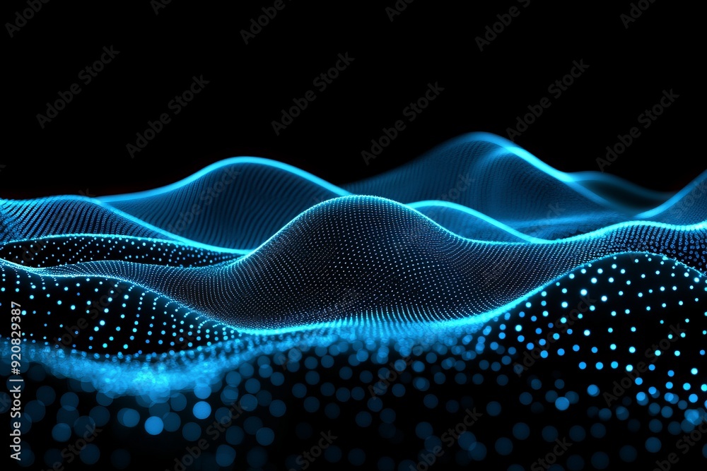 Poster flowing particles of abstract wave motion with dots in a hi-tech and big data background design.