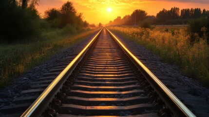 Fototapeta premium Railway track in the evening in sunset. Track railway train for transportation, Rail road