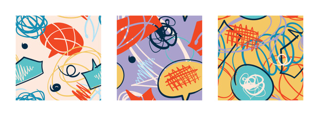 A collection of colorful seamless backgrounds with doodles and strokes