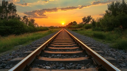 Fototapeta premium Railway track in the evening in sunset. Track railway train for transportation, Rail road