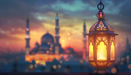 Illuminated lamp of Ramadan Kareem Lantern with serene mosque background