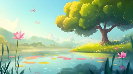 Tranquil Lakeside Scene with Blooming Lotus Flowers and Lush Foliage