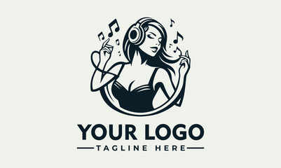 Woman with long hair wearing headphones vector logo Woman with long hair and headphones listening to music in a stylish dress. Suitable for music or fashionrelated concepts.