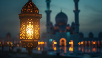 Illuminated lamp of Ramadan Kareem Lantern with serene mosque background