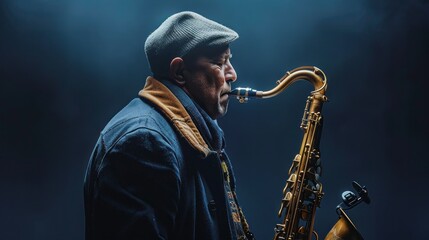 Naklejka premium A man playing a saxophone with a hat on
