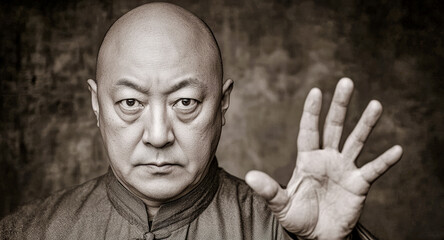 Kung Fu Master in Action A captivating image showcasing an experienced Kung Fu master demonstrating his skill and focus in a powerful stance emphasizing discipline strength, and the art of martial art