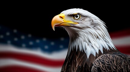 Naklejka premium An eagle with feathers highlighted in red, white, and blue, set against an American flag