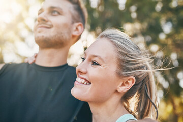 Fototapeta premium Happy, couple and thinking outdoor for fitness session, strength training routine and together for cardio support. Man, woman and thoughts in environment for summer workout, wellness and exercise.
