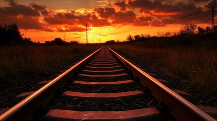 Obraz premium Railway track in the evening in sunset. Track railway train for transportation, Rail road