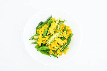 A Chinese home-cooked dish of scrambled eggs with okra