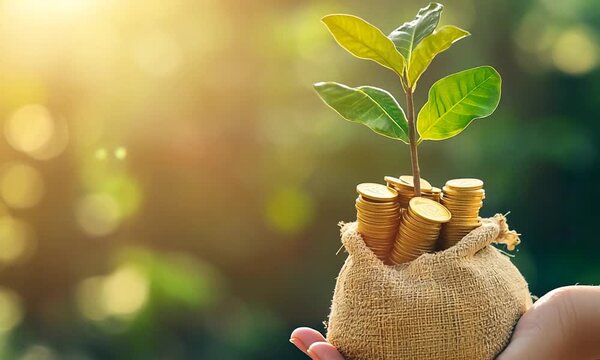 hand holding tree and money coins
