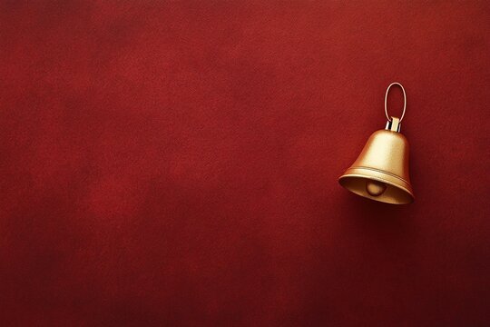 Gold bell on red textured surface, ringing concept with copy spa