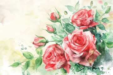 Obraz premium Romantic Roses Wedding Invitation with Watercolor Illustration and Copy Space