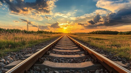 Obraz premium Railway track in the evening in sunset. Track railway train for transportation, Rail road
