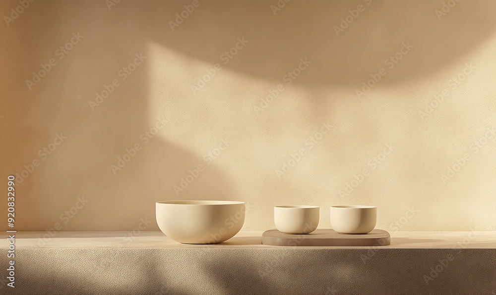 Poster 3D Rendering of a Product Display with Smooth Ceramic Surface on a Textured Beige Background