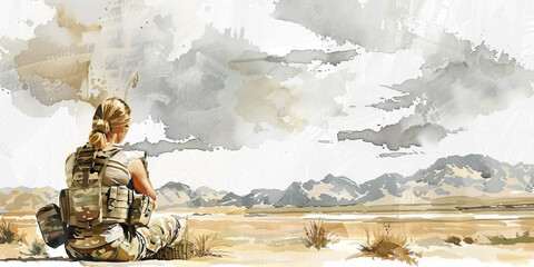 Woman soldier praying in the desert with mountains and clouds in the background